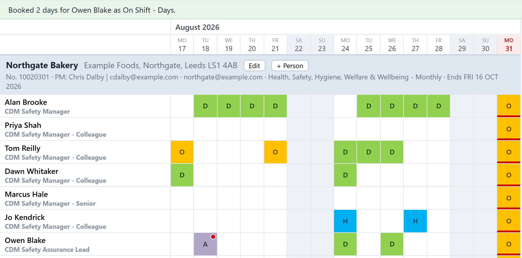 After booking, a green bar says what was done.