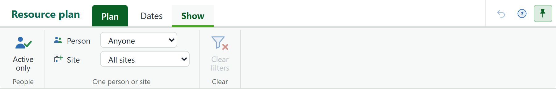 The Show tab: Active only, one person or one site, and Clear filters.