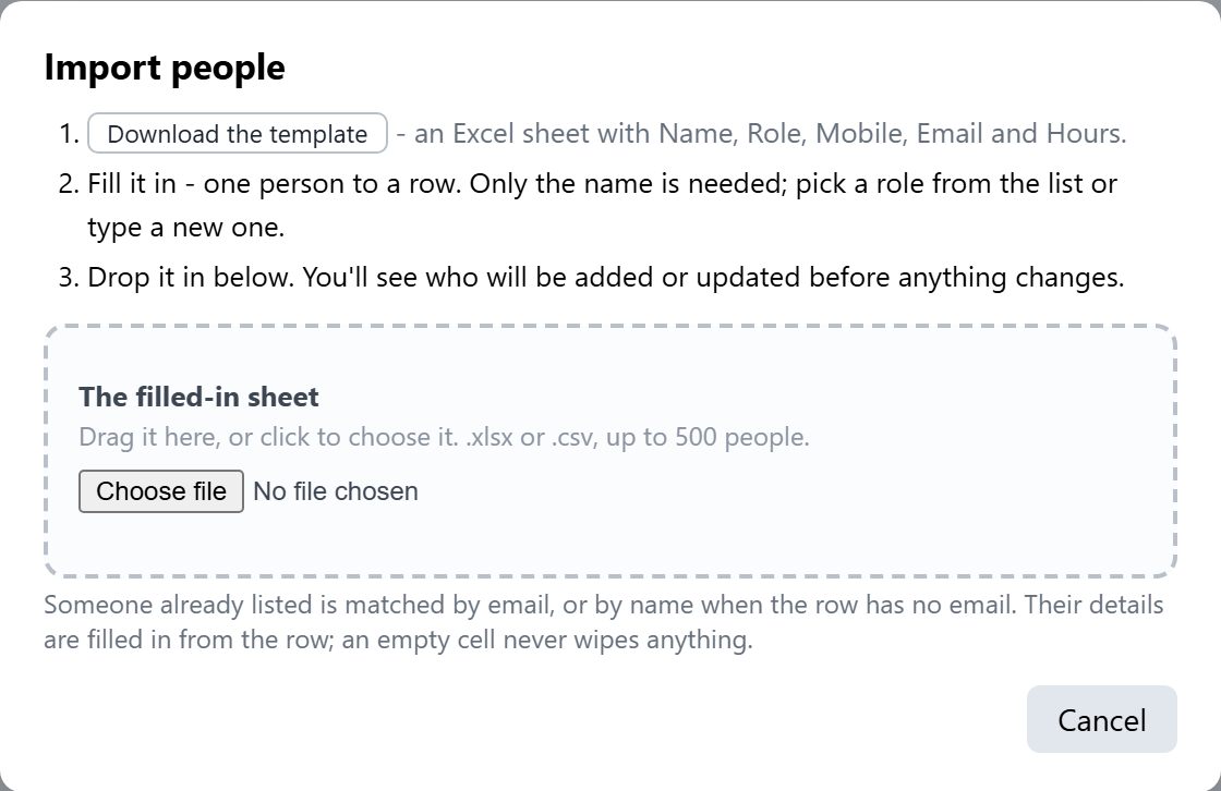 Import people: download the template, fill it in, and drop it on the box.