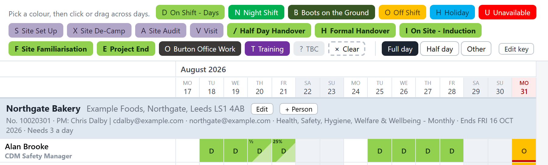 Full day, Half day or Other beside the key. A part day keeps its colour and shows its share in the corner: ½, or 25%.