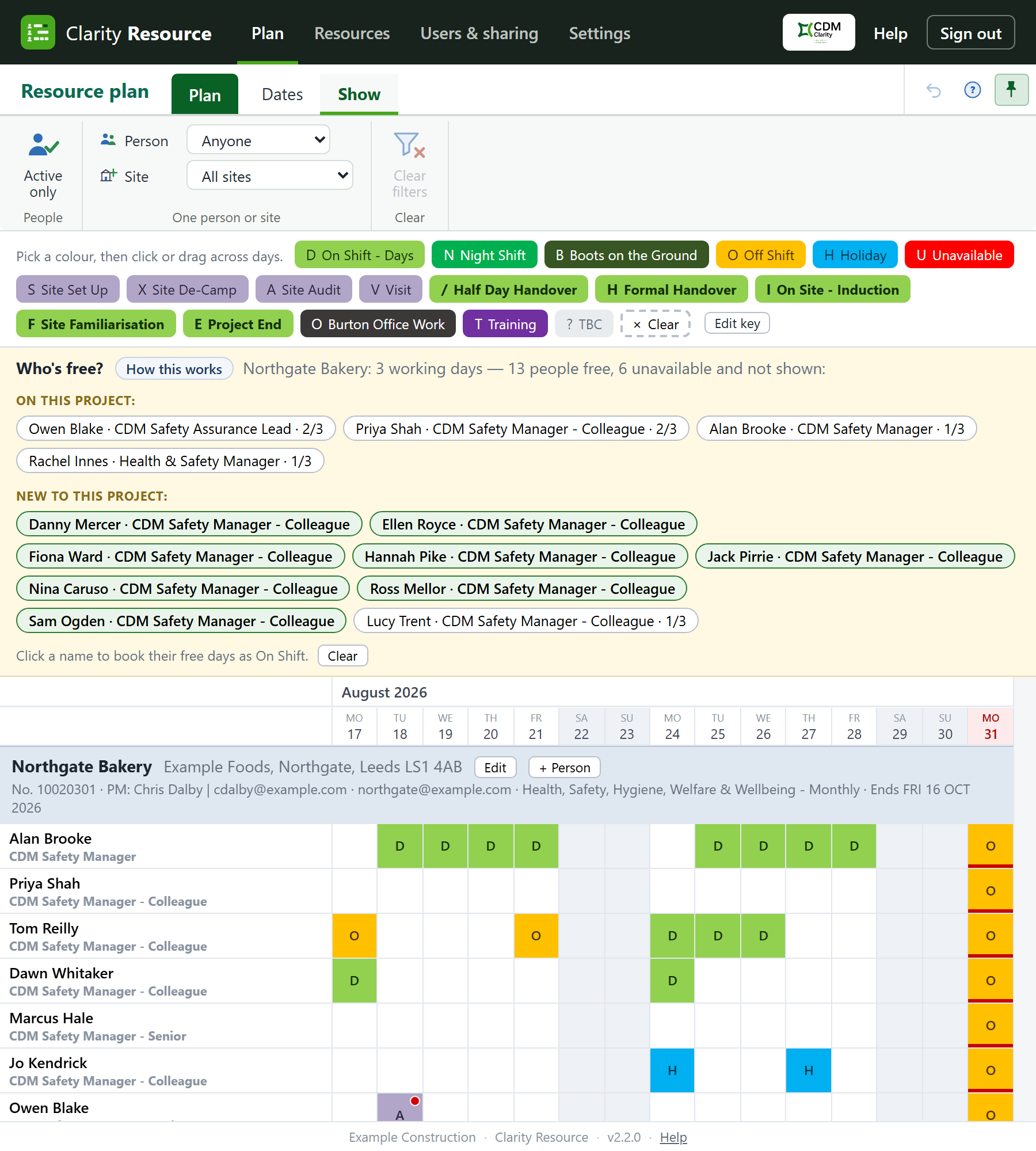 The whole screen: the bar, the ribbon, the colour key, the Who's free strip, then the plan itself.