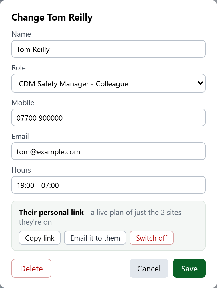 One box for each person: their details, their personal link, and Delete.